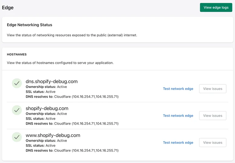 Screenshot of the shopify-debug.com application dashboard showing edge configuration